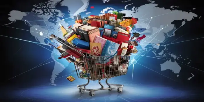Quel Type de Site Internet Choisir pour Votre Entreprise ? Caddie relié au mon virtuel du ecommerce plein d'objets achetés sur des site ecommerces créés par wppascher.com