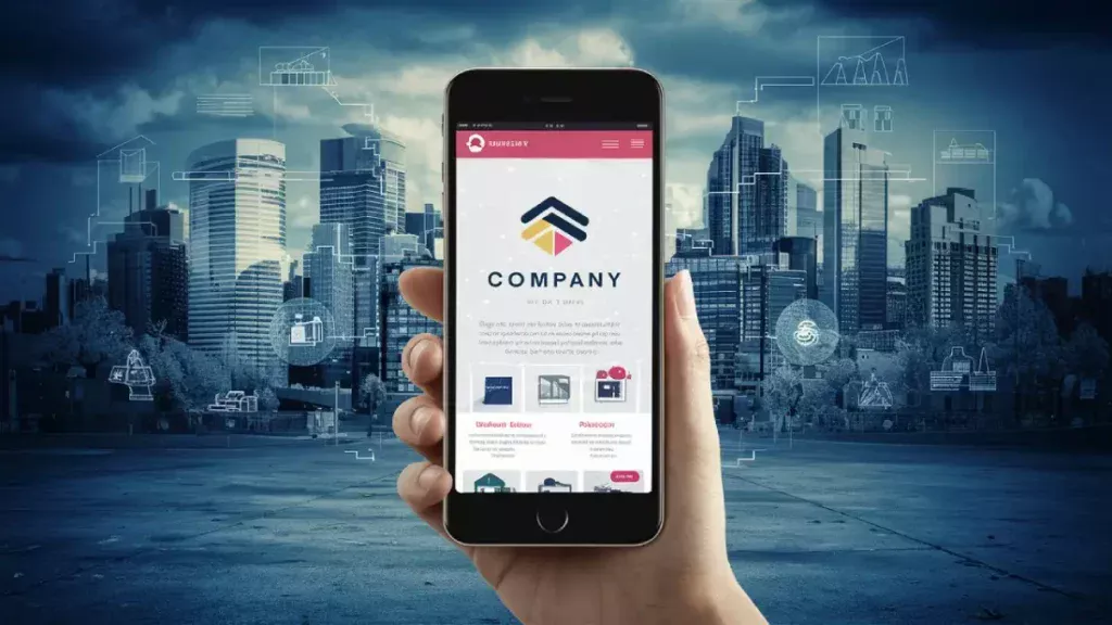 Une-main-tenant-un-smartphone-affichant-un-site-web-entreprise-bénéfices-d'un-site-web-professionnel-pour-améliorer-la-visibilité-et-la-notoriété-en-ligne