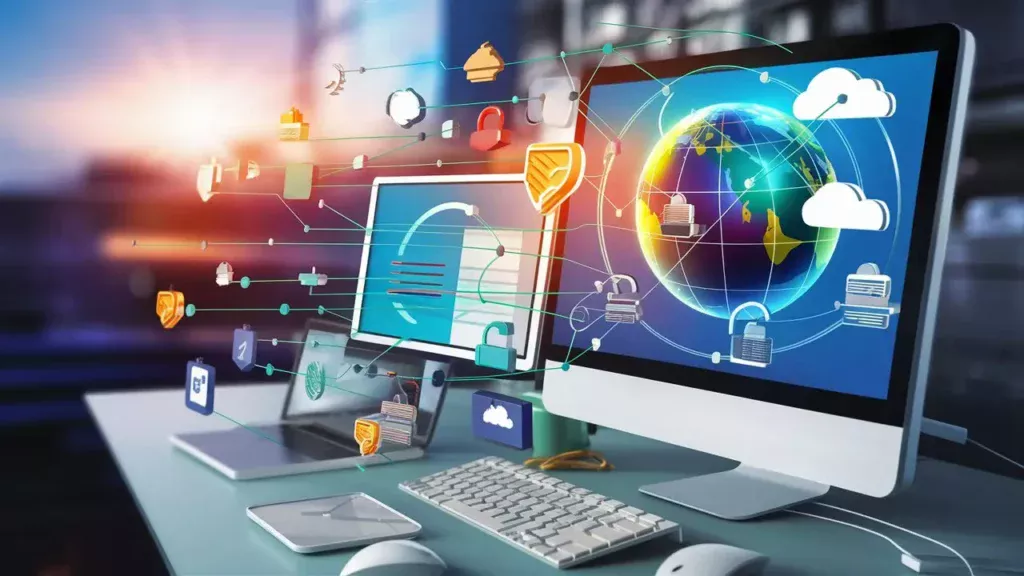 ordinateur sur un bureau dont l'ecran est allumé et ou l'on voit la creation d'un site inetrnet pas cher avec des templates